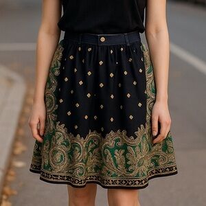 Michael Kohrs Sz 2 Silk Jetsetter Denim Waist Band Chain Link Paisley Skirt